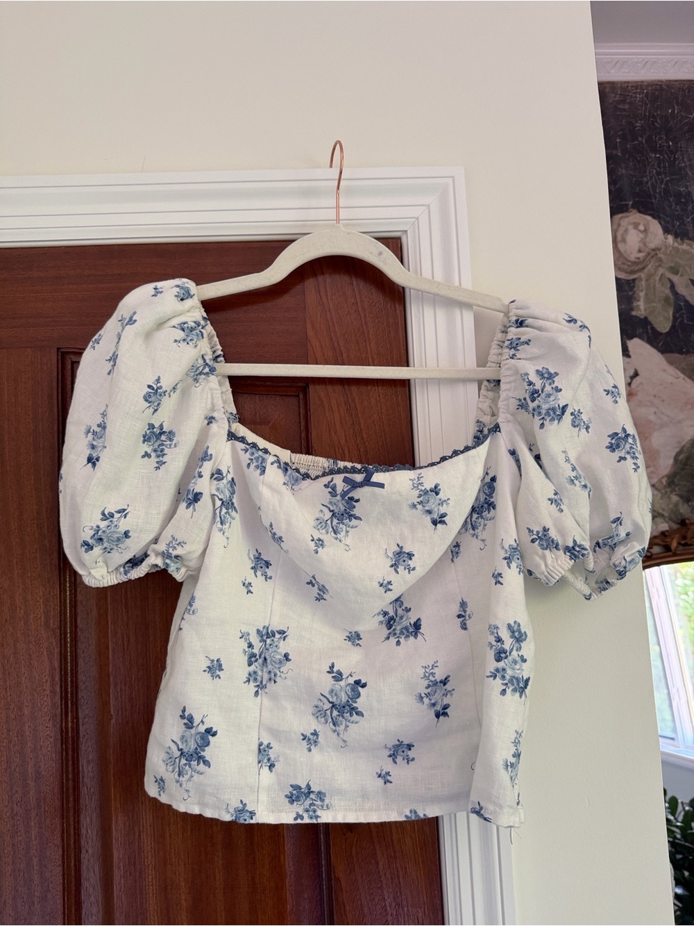 Reformation Marella Linen Top- Blue White floral print